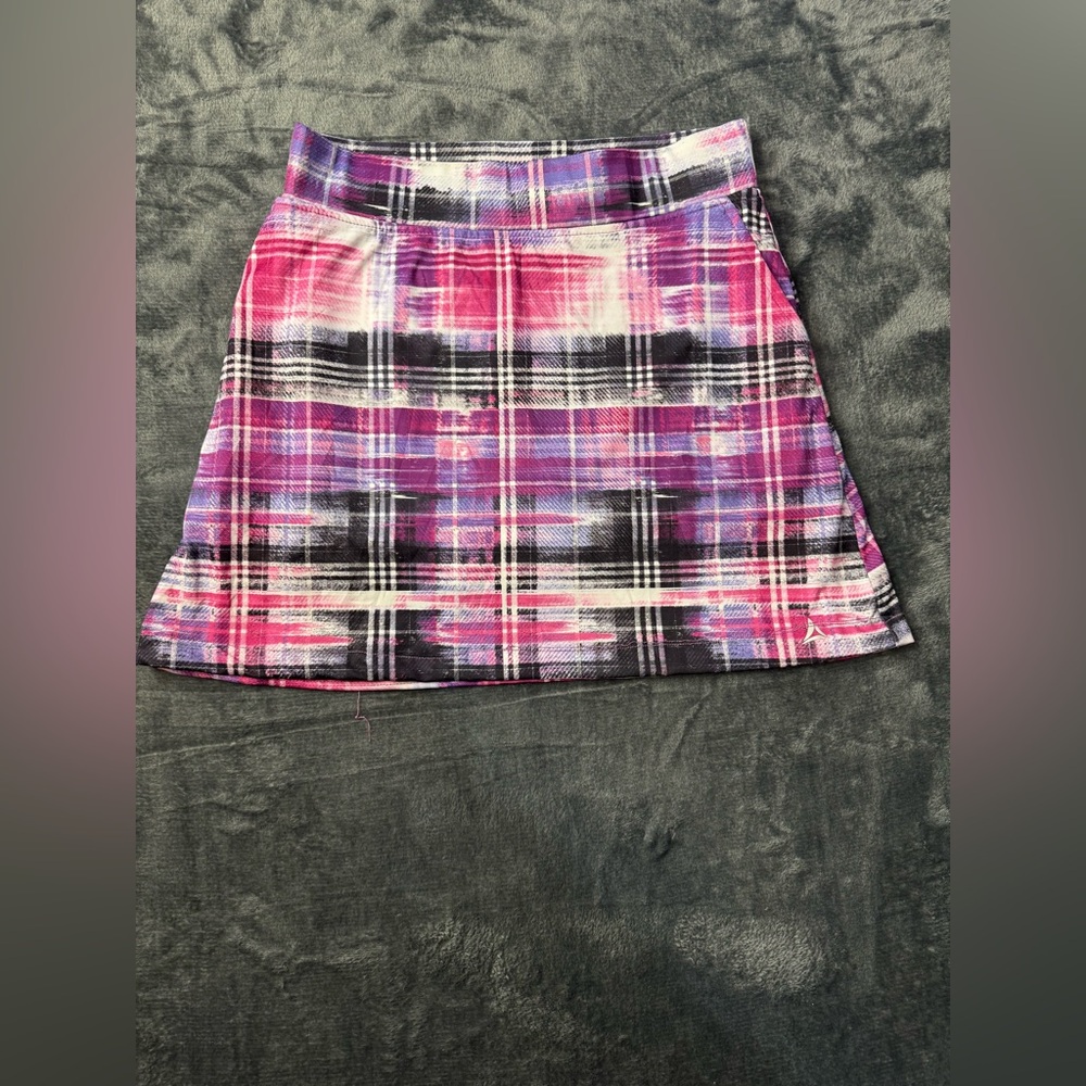 A-Line Bermuda Sands purple and pink plaid performance skort